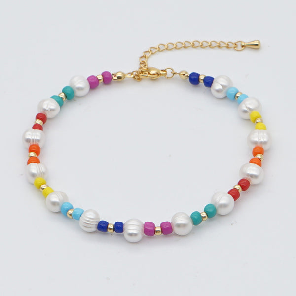 Colorful Bead Woven Natural Pearl Anklet