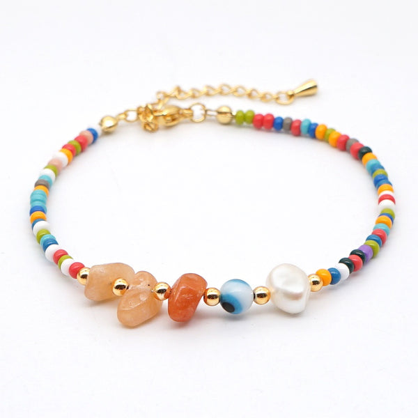 Trendy Beach Style Rainbow Bead Woven Natural Pearl Anklet
