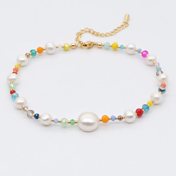 Rainbow Bead Woven Natural Pearl Anklet