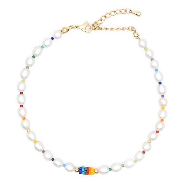 All-Match Rainbow Bead Woven Natural Pearl Anklet