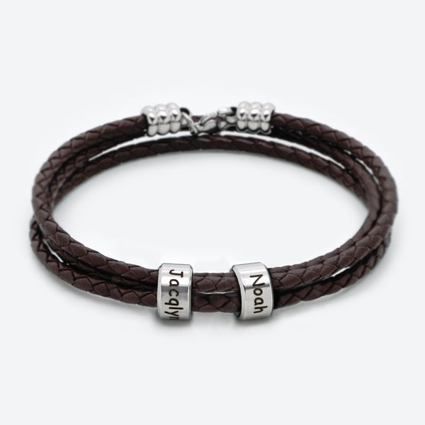 Father's Day Gifts Personalized 2 Beads Navigator Braided Leather Bracelet for Men with Small Custom Beads in Silver