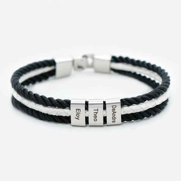 Father's Day Gift Mens Leather Bracelet Braided Layered Leather with 3 Beads