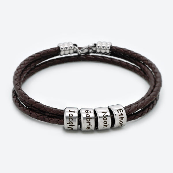 Father's Day Gifts Personalized 4 Beads Navigator Braided Leather Bracelet for Men with Small Custom Beads in Silver