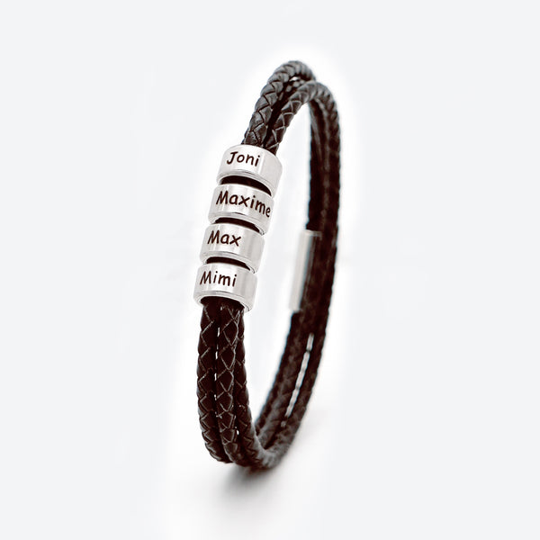 Father's Day Gifts Personalized Mens Leather Bracelet with 4 Beads Leather Braided Bracelet for Men Multi-Layer Bracelet