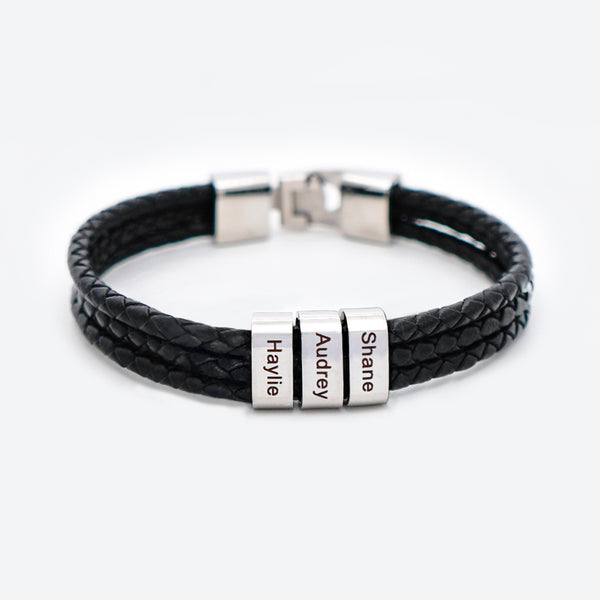 Gifts For Him Personalized Braided Leather Bracelet Engraved 3 Names Men's Bracelet