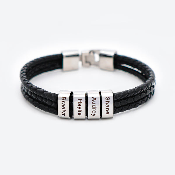 Gifts For Him Personalized Braided Leather Bracelet Engraved 4 Names Men's Bracelet