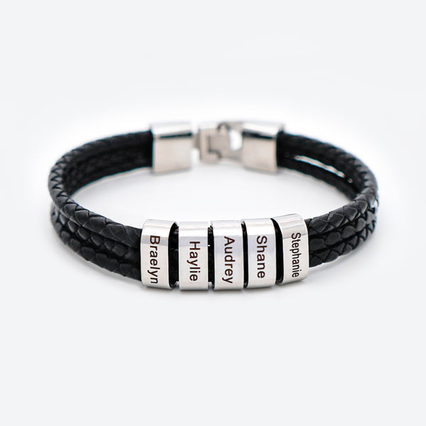 Gifts For Him Personalized Braided Leather Bracelet Engraved 5 Names Men's Bracelet