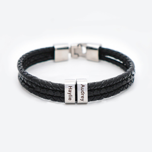 Gifts For Him Personalized Braided Leather Bracelet Engraved 2 Names Men's Bracelet