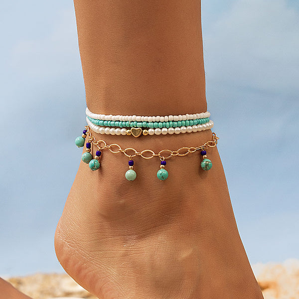 Stylish and Simple Blue Beads in Series Beach Style Anklet