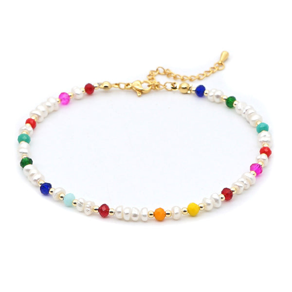 Rainbow Golden Bead Woven Natural Pearl Anklet