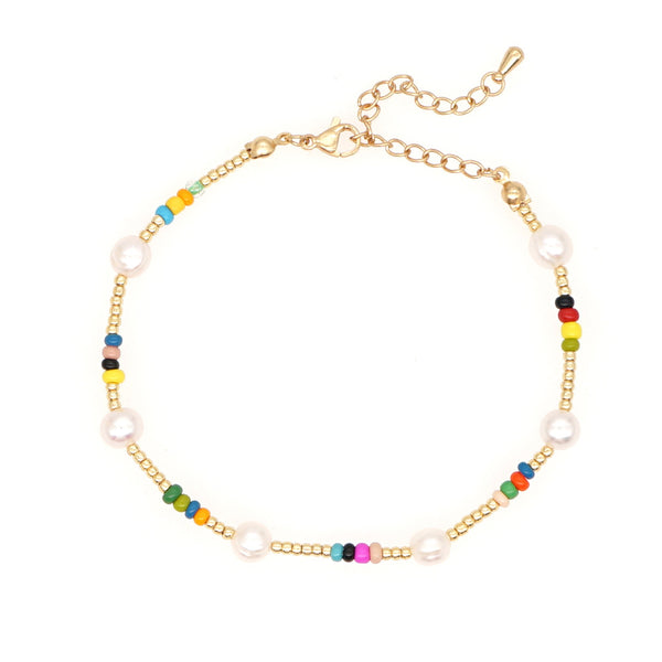 Colorful Golden Bead Woven Natural Pearl Anklet