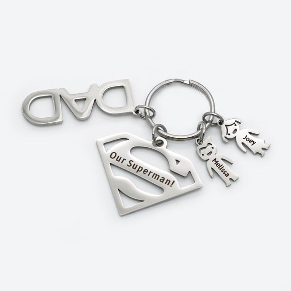 Personalized 2 Kids Charms Keychain with Superman Sign Father's Day Gift