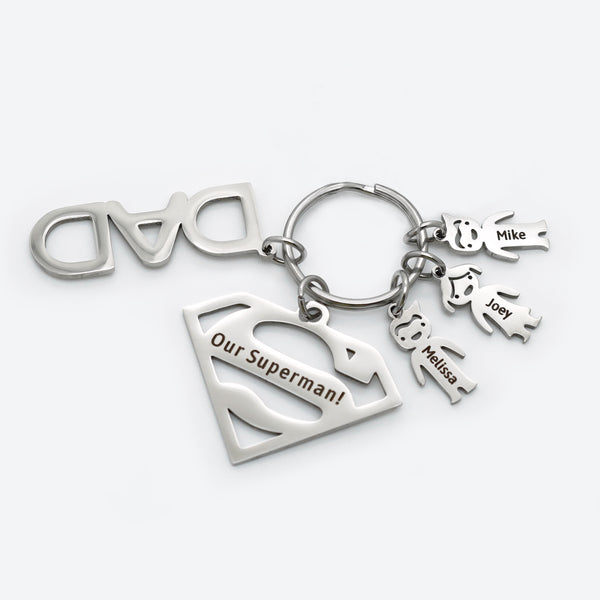 Personalized 3 Kids Charms Keychain with Superman Sign Father's Day Gift