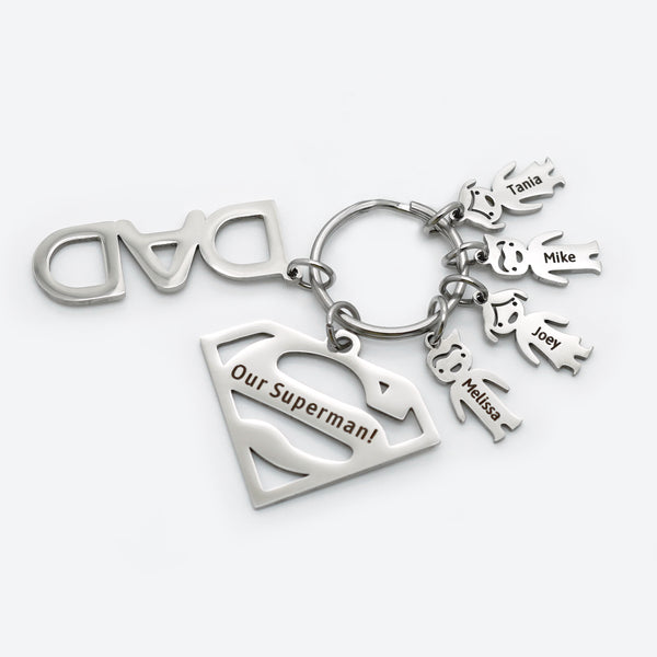 Personalized 4 Kids Charms Keychain with Superman Sign Father's Day Gift