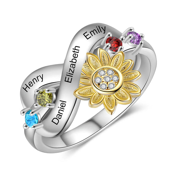 Einzigartiges Design Gold Sonnenblume Geburtsstein Ring Geschenk für Sie mit 4 Geburtssteinen 4 Namen