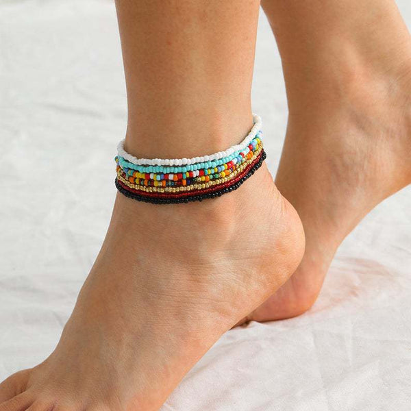 7Pcs Handmade Beaded Anklets for Women Boho Elastic Beaded Ankle Bracelets Multilayered Colorful Beads Stretch Anklets Set Foot Jewelry