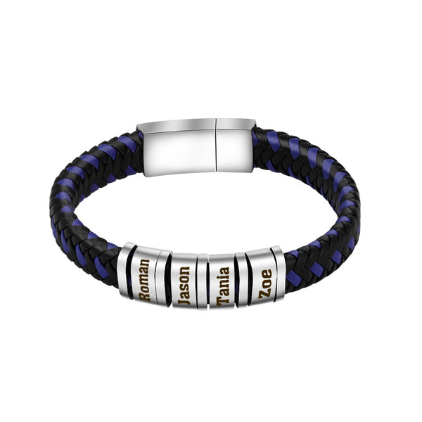 Personalized Mens Bracelet with 4 Names Beads Braided Blue Black Bracelet for Men Bracelet
