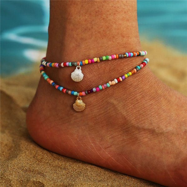 2Pcs Handmade Beaded Anklets for Women Boho Elastic Beaded Ankle Bracelets Multilayered Colorful Beads Stretch Anklets Set Foot Jewelry