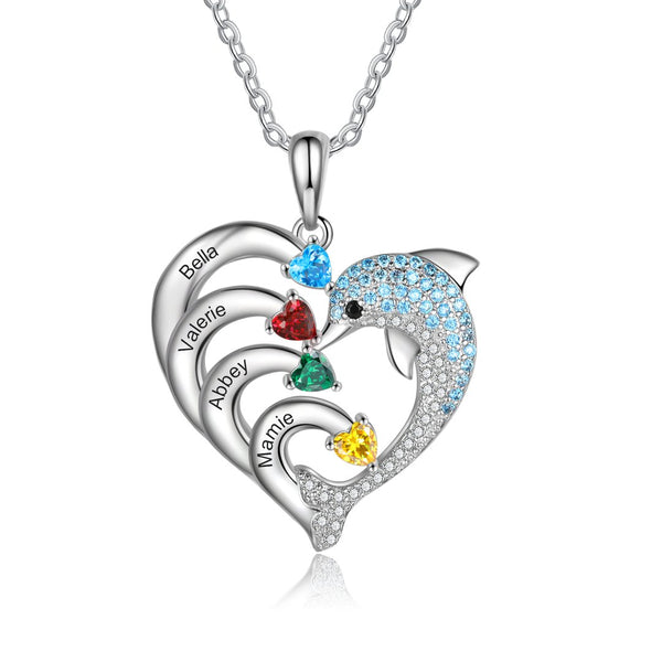 Personalisierte Herz-Delphin-Halskette Benutzerdefinierte 4 Birthstones-Halskette für sie