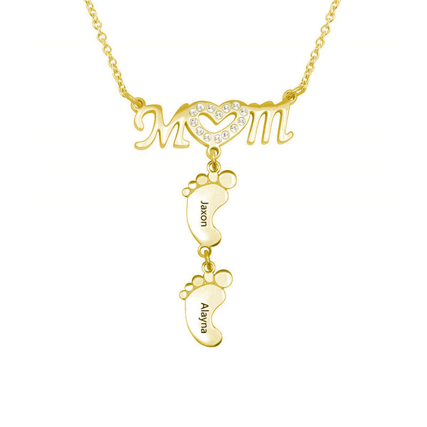 Mother Necklace with 2 Baby Feet Pendants Engraved 2 Names