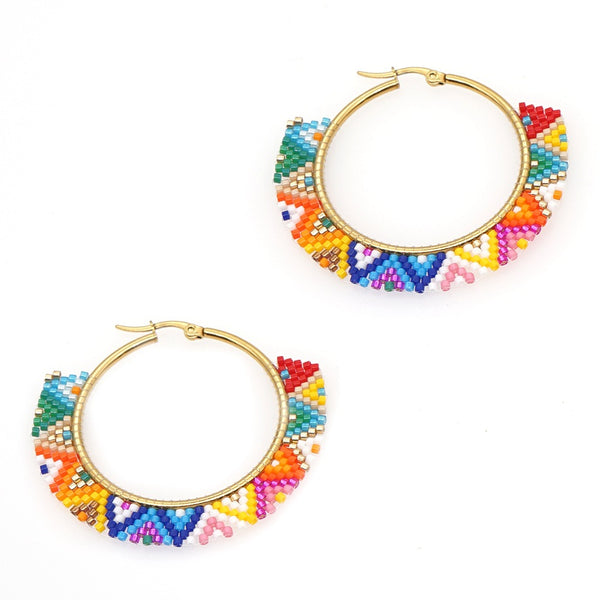 Bohemian Ethnic Style Hand-Woven Geometric Hoop Earrings with Colorful Beadwork