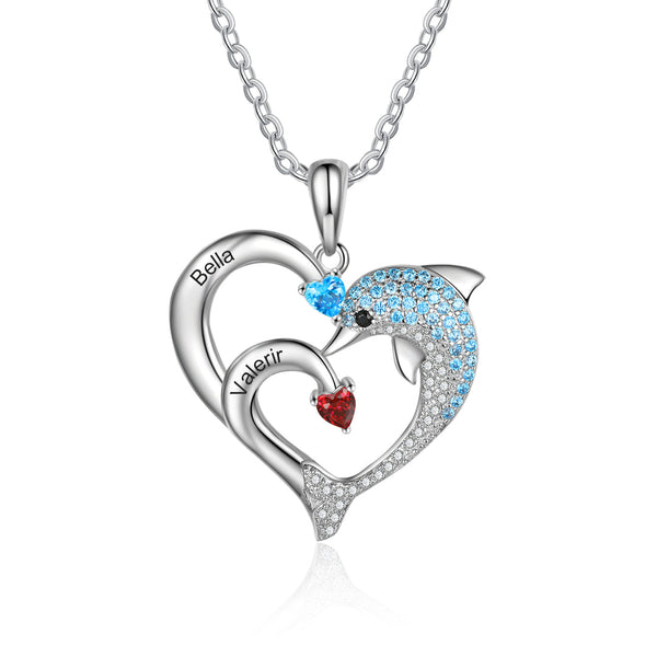 Personalisierte Herz-Delphin-Halskette Custom 2 Birthstones Halskette für Sie
