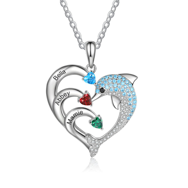 Personalisierte Herz-Delphin-Halskette Benutzerdefinierte 3 Birthstones-Halskette für sie