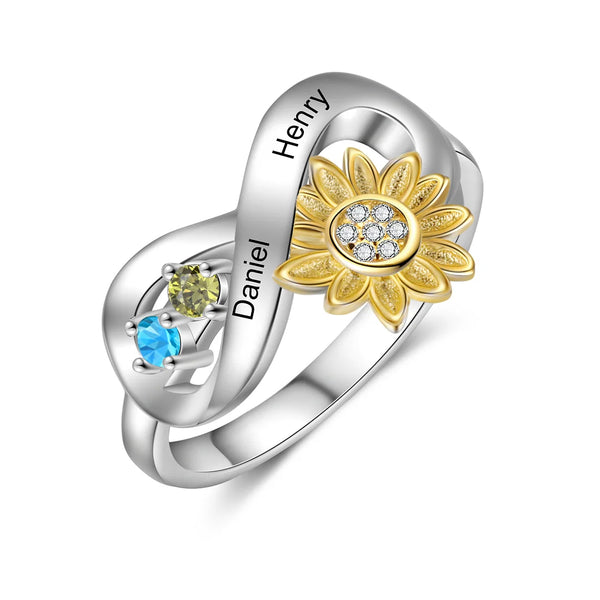 Unique Design Gold Sunflower Birthstone Ring Gift for Her With 2 Birthstones 2 Names