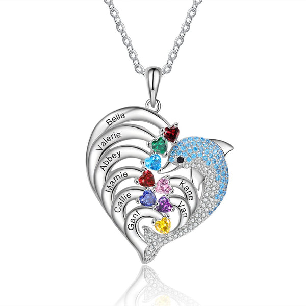 Personalized Heart Dolphin Necklace Custom 8 Birthstones Necklace for Her