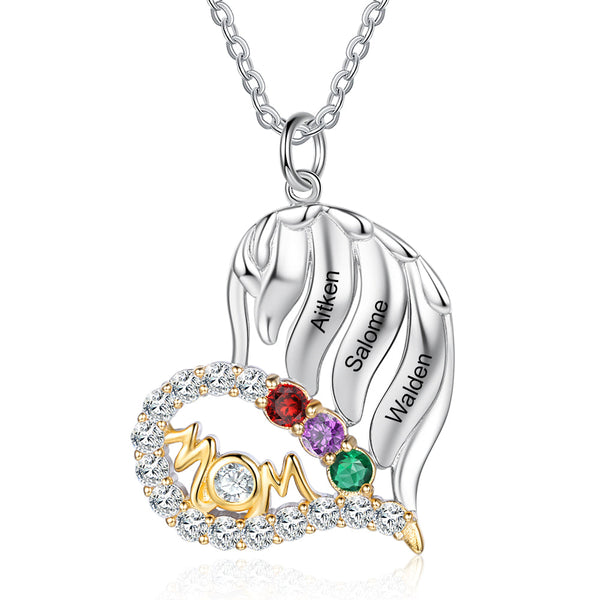 Personalized MOM Heart Silver Pendant Necklace - Three Custom Names & Birthstones
