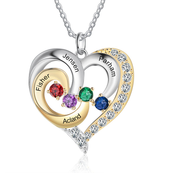 Personalized Heart Golden Silver Pendant Necklace - Four Custom Names & Birthstones