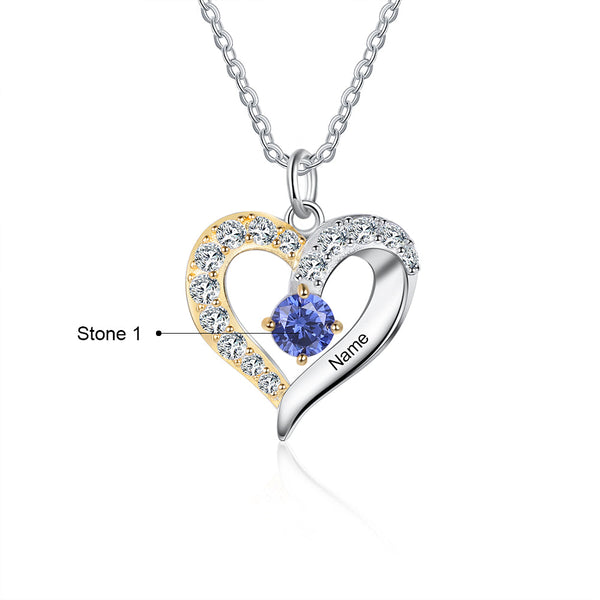 Personalized Heart Silver & Gold Pendant Necklace - One Custom Name & Birthstone