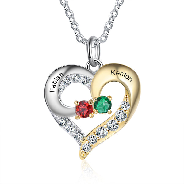 Personalized Heart Silver & Gold Pendant Necklace - Two Custom Names & Birthstones