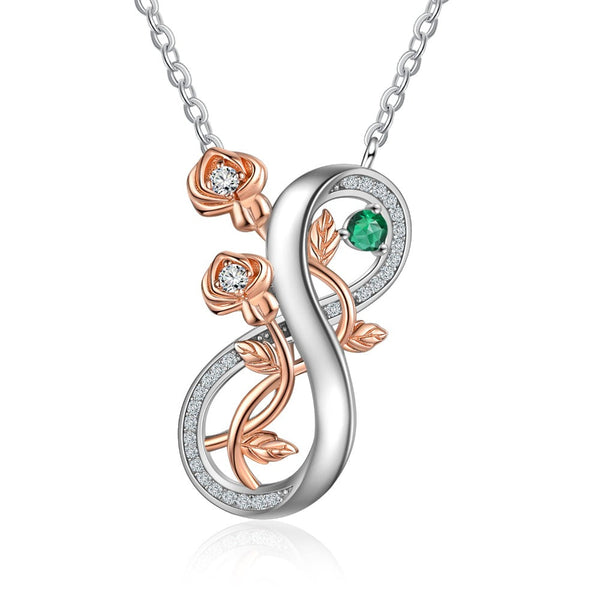 Personalisierte Halskette mit Infinity-Rosen-Silberanhänger – ein individueller Name und ein Geburtsstein