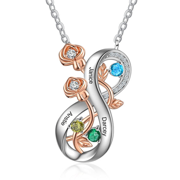 Personalized Infinity Roses Silver Pendant Necklace - Three Custom Name & Birthstone