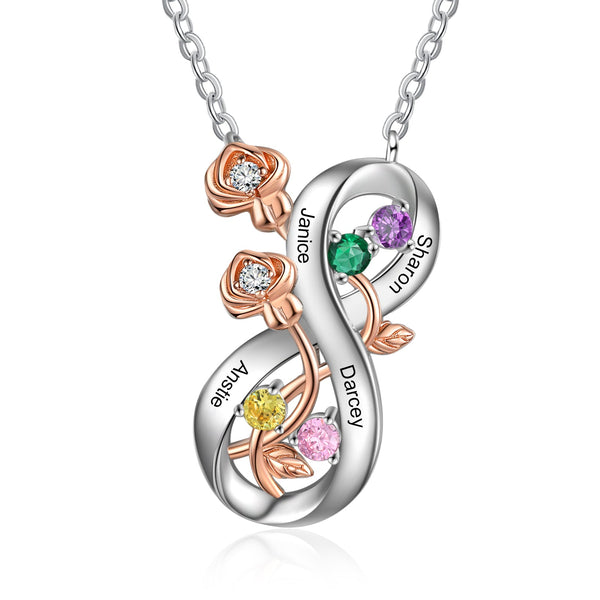 Personalisierte Halskette mit Infinity-Rosen-Silberanhänger – vier benutzerdefinierte Namen und Geburtsstein