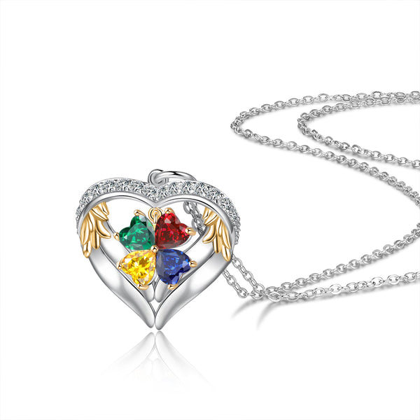 Personalized Angel´s Heart Silver Pendant Necklace - Four Custom Names & Birthstones