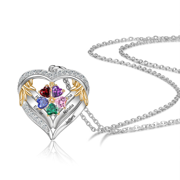 Personalized Angel´s Heart Silver Pendant Necklace - Five Custom Names & Birthstones