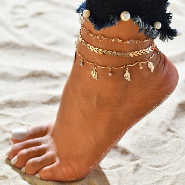Beach Resort Style Ball Leaf Anklet Set