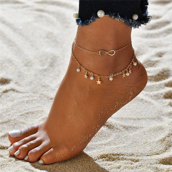 Adjustable Foot Infinity Moon Srars Flower Pearl Multilayer Layered Ankle Bracelet Beach Jewelry