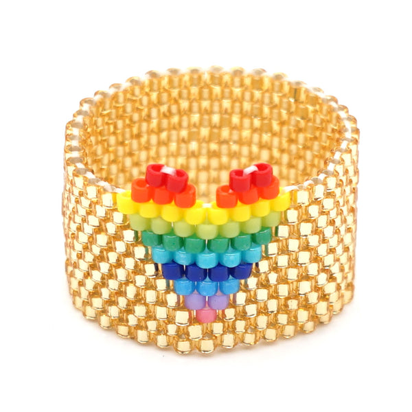 Simple Boho Beaded Handmade Beaded Stripe Color Block Rainbow Heart Ring