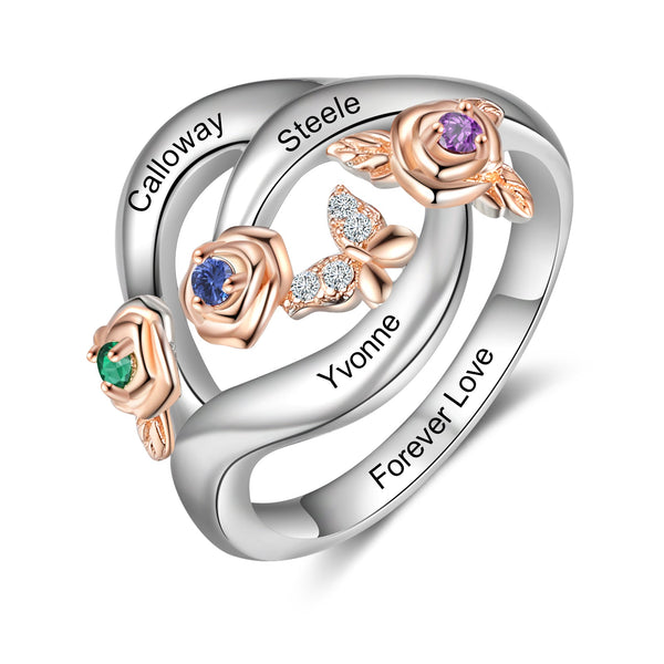 Roses Personalized Silver Rose Ring - 3 Custom Birthstones 3 Custom Names 3 Custom Engravings