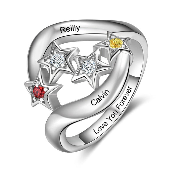 Star Personalized Silver Ring - 2 Custom Birthstones 2 Custom Names 1 Custom Engraving