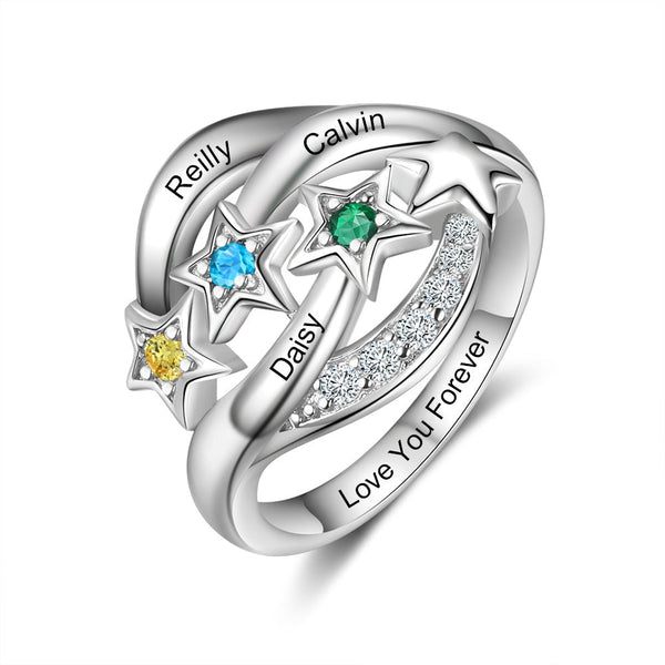 Star Personalized Silver Ring - 3 Custom Birthstones 3 Custom Names 1 Custom Engraving