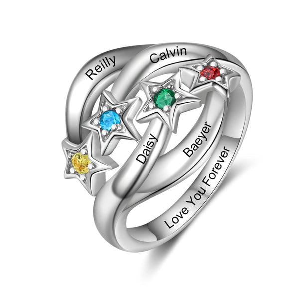 Star Personalized Silver Ring - 4 Custom Birthstones 4 Custom Names 1 Custom Engraving