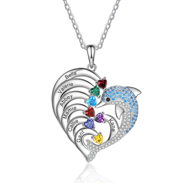 Personalized Heart Dolphin Necklace Custom 7 Birthstones Necklace for Her