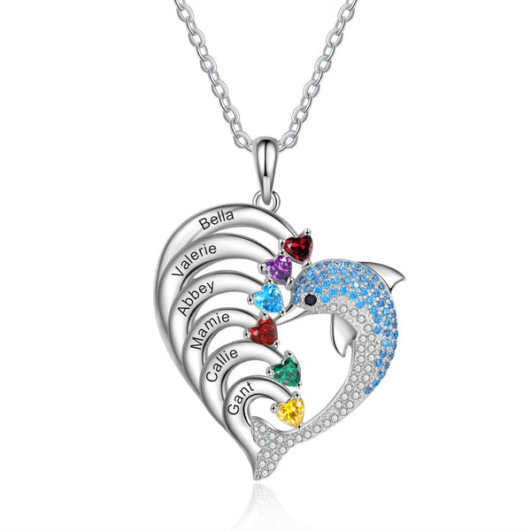 Personalized Heart Dolphin Necklace Custom 6 Birthstones Necklace for Her