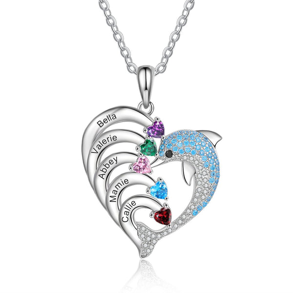 Personalized Heart Dolphin Necklace Custom 5 Birthstones Necklace for Her