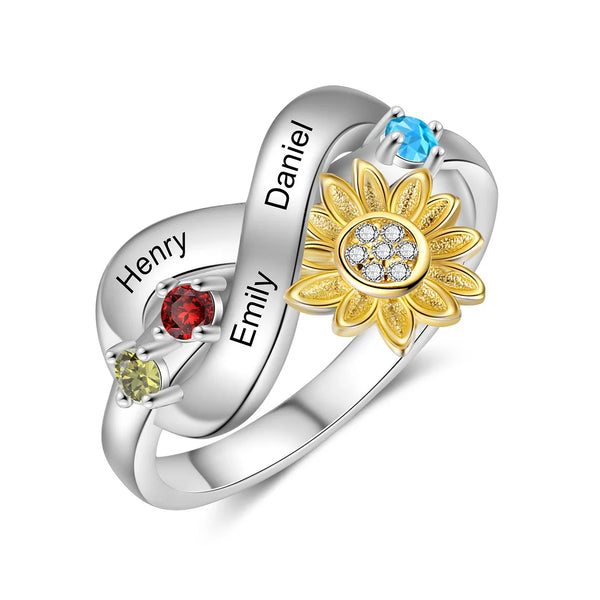 Unique Design Gold Sunflower Birthstone Ring Gift for Her With 3 Birthstones 3 Names