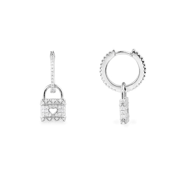 Silver 925 Hollow Heart Paved Lock Adjustable Earring